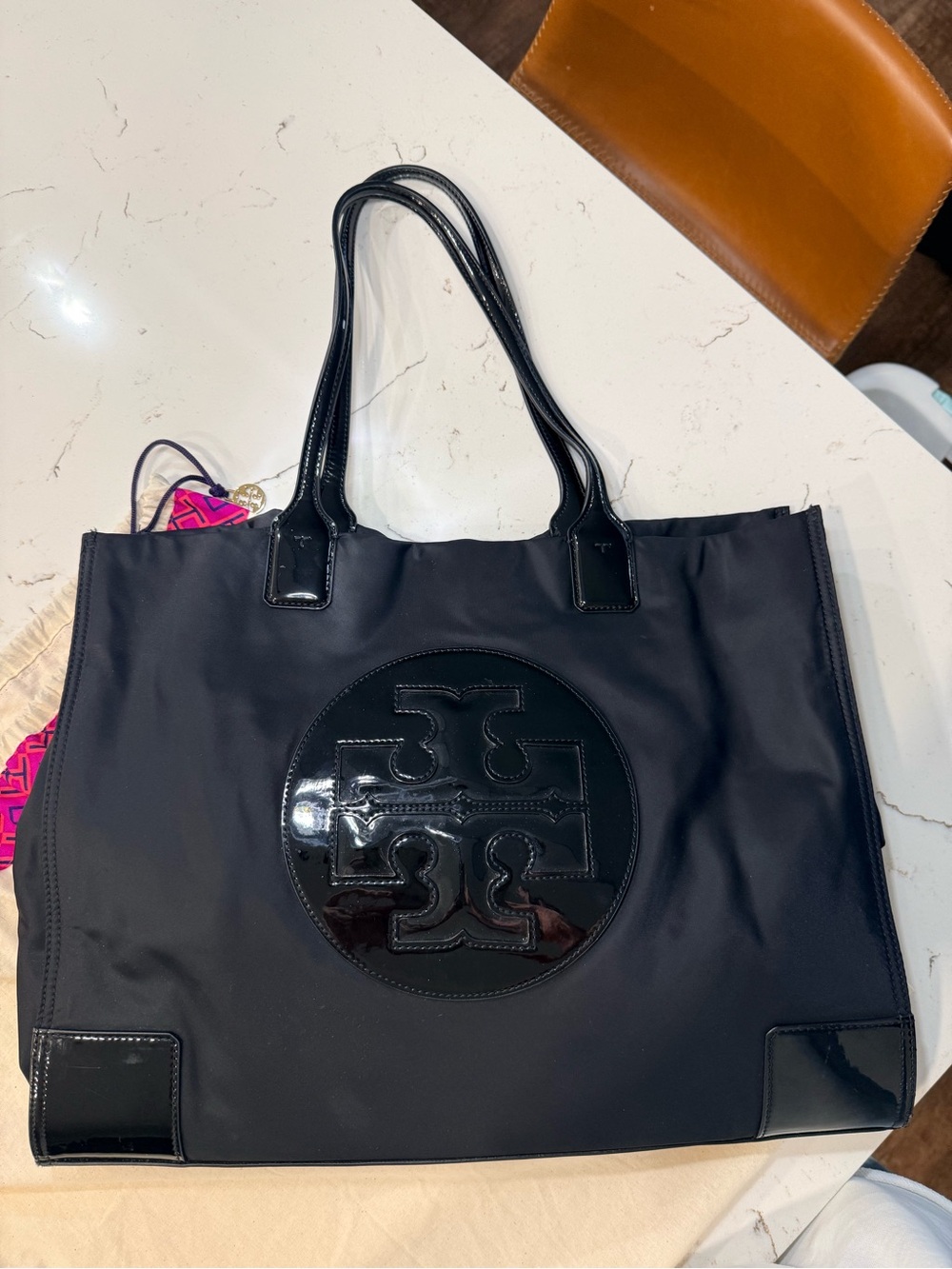 Tory Burch Black Nylon Tote with Patent Logo Patch